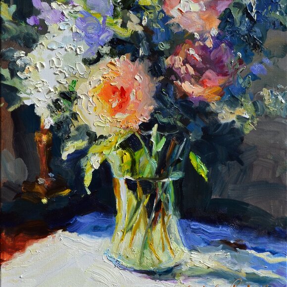 HYDRANGEAS AND ROSES | Oil on Canvas Painting - Picture 1 of 11